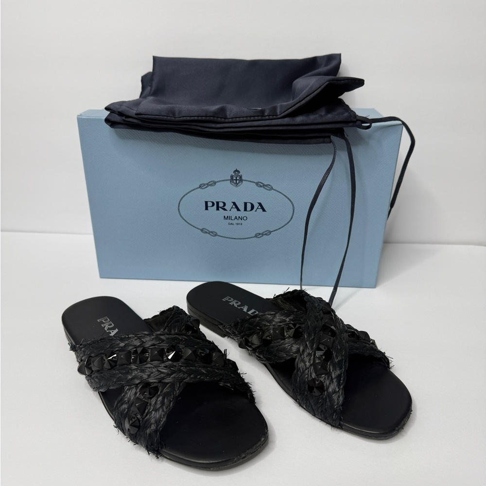 Prada Black Braided Crystal-Embellished Slide Sandals - Size 35.5